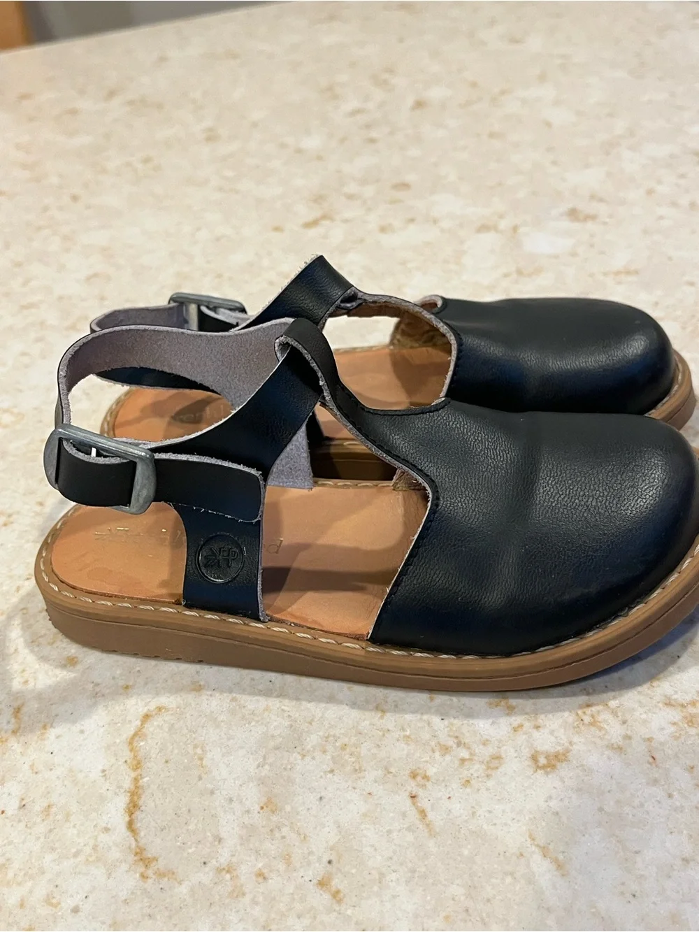 Kids Black T-Strap Leather Sandals